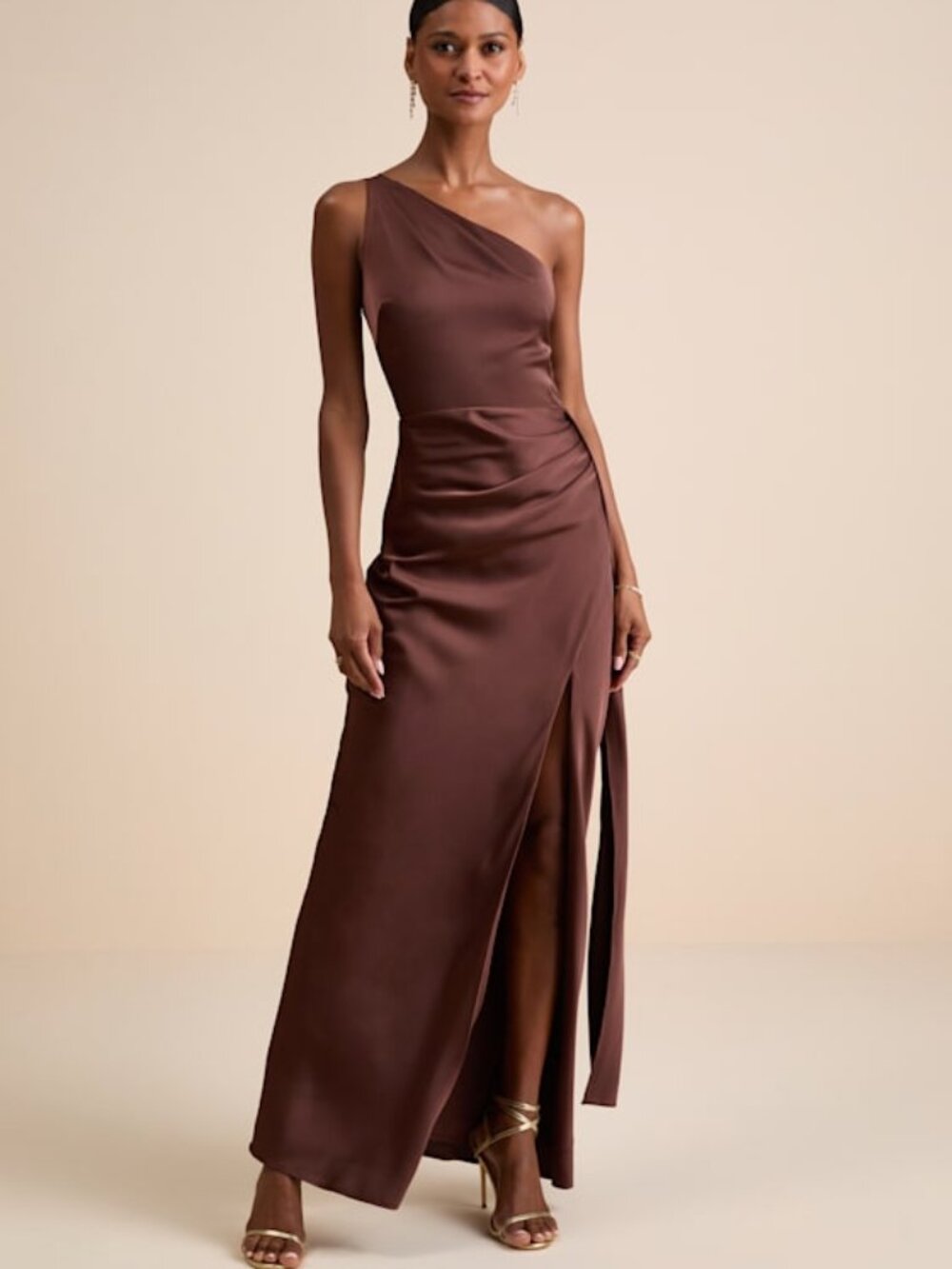 Lulus Signature Elegance Chocolate Brown Satin One-shoulder Maxi Dress - Size L